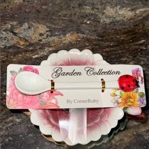 💥🔥 Garden Collection 3 Pc Flower Teacup Leaf Saucer & Spoon Lady Bug Corner Ruby